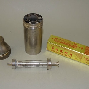 Vintage Glass & Metal Syringe 5ml in Old Container Sterilizer w/ Spare Syringe