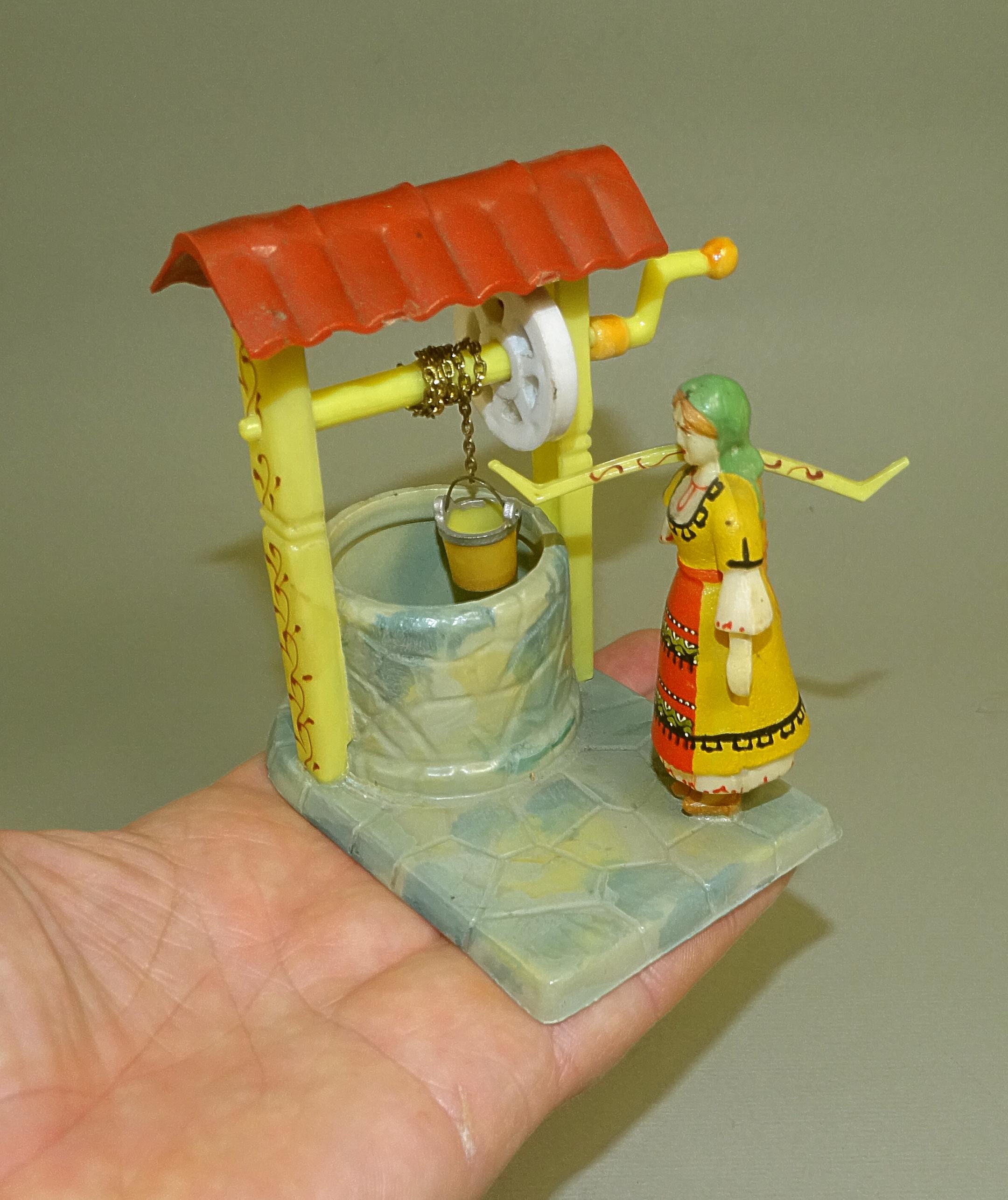 1960's Vintage Old doll in traditional Bulgarian Folk costume, made of plastic and handpainted, Diorama