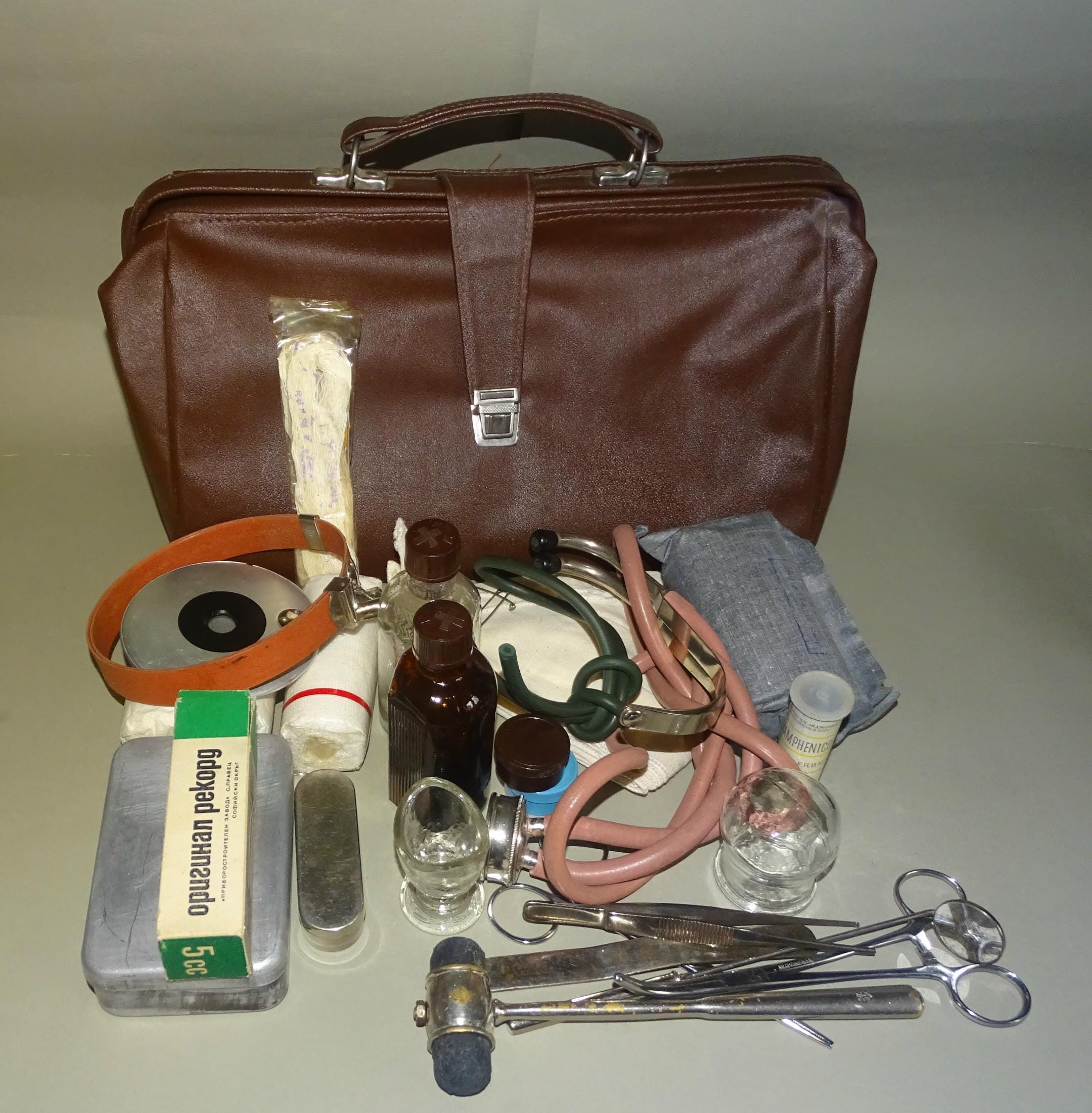 Vintage Old Doctor's Bag With Medical Equipment & Instuments