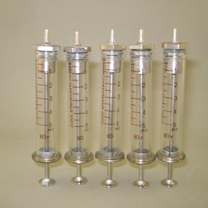 Set of 5 Vintage old glass syringes 5ml RECORD, Never used without box, New Old Stock