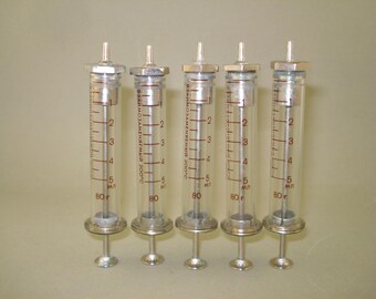 Set of 5 Vintage old glass syringes 5ml RECORD, Never used without box, New Old Stock