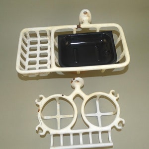 Vintage Old bath or kitchen Enamel set - soap holder dish with drain, teeth brush and cups holder