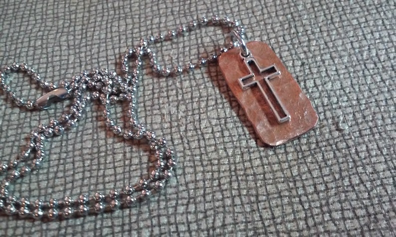 Men/'s Cross pendant necklace silver and copper cross hammered copper