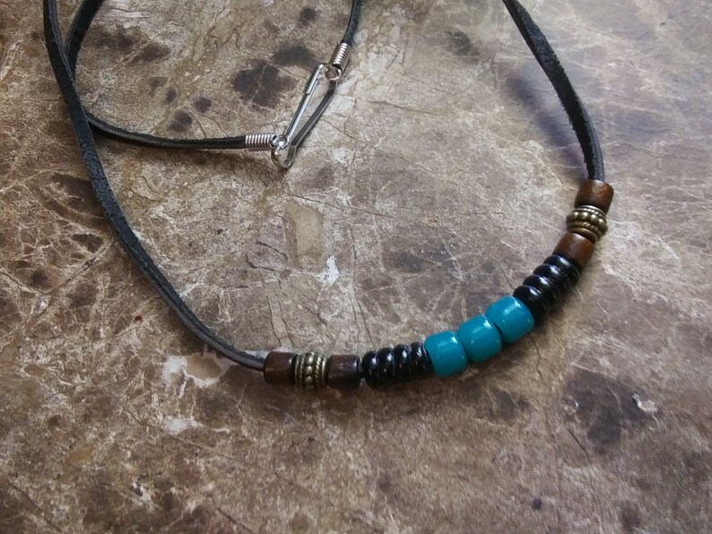 mens necklace surfer necklace leather choker with sea glass recycled