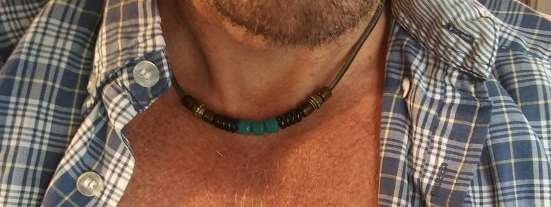 mens necklace surfer necklace leather choker with sea glass recycled