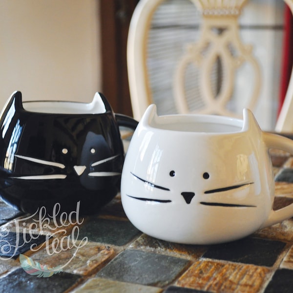 ORIGINAL - CUSTOM TEXT - Cute Cat Mug - White / Black - Hand written Mug - Personalize with your custom text -12 oz - Adorable Cat Mug - Tic