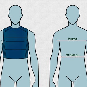 May include: Diagram showing how to measure chest and stomach size. The diagram shows a person wearing a blue vest. The chest measurement is taken across the widest part of the chest. The stomach measurement is taken around the waist.