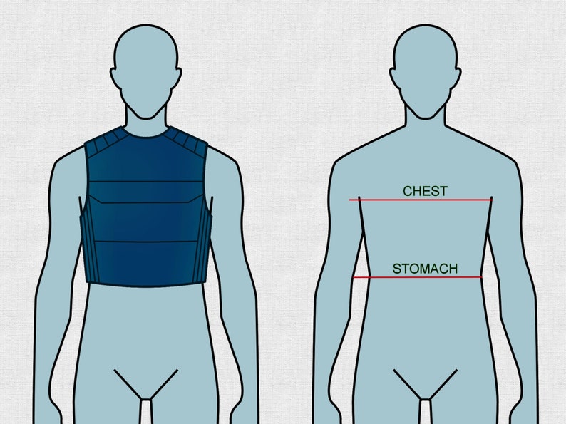 May include: Diagram showing how to measure chest and stomach size. The diagram shows a person wearing a blue vest. The chest measurement is taken across the widest part of the chest. The stomach measurement is taken around the waist.