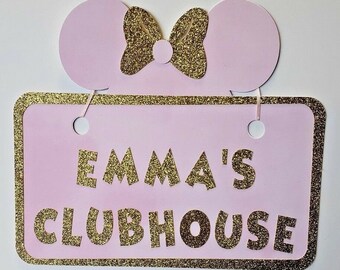 Pink and Gold Minnie Mouse Clubhouse door sign. Personalized party decor