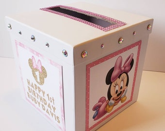 Pink and Gold Minnie Mouse 1st Birthday Card Box