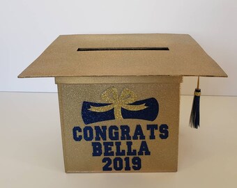 Gold Glitter Graduation Cap Card Holder- Customized with Grads Name and school colors.