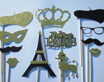 Paris Photo Booth Props-Black & Gold, Great for Mustache Party, Bridal Shower, Wedding Shower, Baby Shower