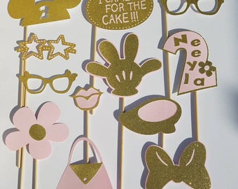 Pink and Gold Minnie Mouse 2nd Birthday  Photo Booth Props comes with custom #2 prop.