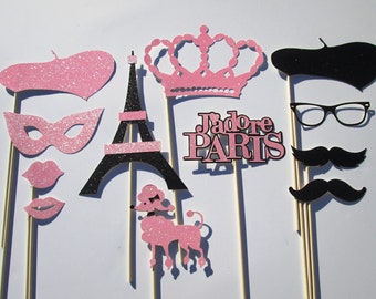 Paris Themed Photo Booth Props-made with Glitter Paper, Great for Mustache Party, Bridal Shower, Wedding Shower, Baby Shower, Parisian Party