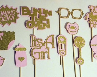 Pink and Gold Baby Shower Photo Booth Props made with all Glitter paper