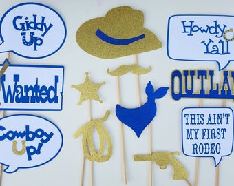 Royal Blue and Gold Western Themed Photo Booth Props 12 pc. Great party idea for Birthday Party. Ships Fast!
