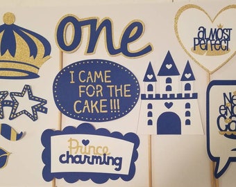 Little Prince Royal Blue and Gold First BirthdayParty Photo Booth Props-10 Pieces