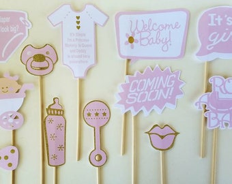 Pink And Gold Baby Shower Photo Booth Props.