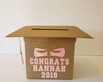 Pink and Gold Glitter Graduation Cap Card Holder- Customized with Grads Name and school colors. Need it fast?? Contact me now for delivery*