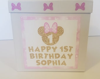 Pink and Gold Minnie Mouse 1st Birthday Card Box