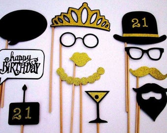 21st Birthday Party Photo Booth Props In Black And Gold Glitter Paper!
