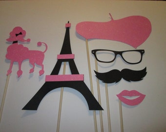 6 Pc Paris Party Photo Booth Props-with Glitter Paper, Great for Mustache Party, Bridal Shower, Wedding Shower, Baby Shower, Parisian Party