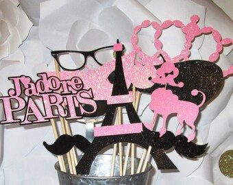 Paris Party Photo Booth Props-made with Glitter Paper, Great for Mustache Party, Bridal Shower, Wedding Shower, Baby Shower, Parisian Party
