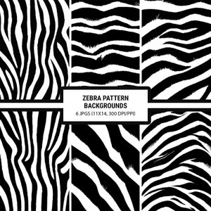 Puede incluir: Seis patrones de cebra en blanco y negro. Los patrones están dispuestos en una cuadrícula de tres filas y dos columnas. El texto "ZEBRA PATTERN BACKGROUNDS 6 JPGS (111X114, 300 DPI/PPI)" está en el centro de la imagen.