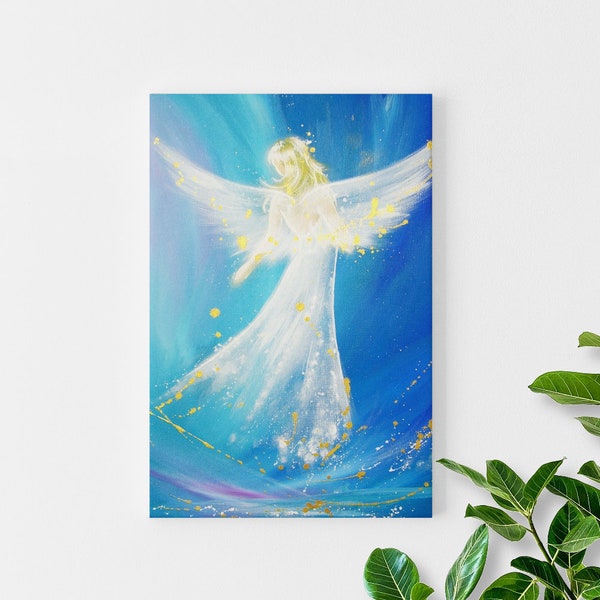 Angel painting on canvas - print streched on wooden frame: "Accompanied on your way" , abstract wall art, artwork,gift,spiritual,magic,