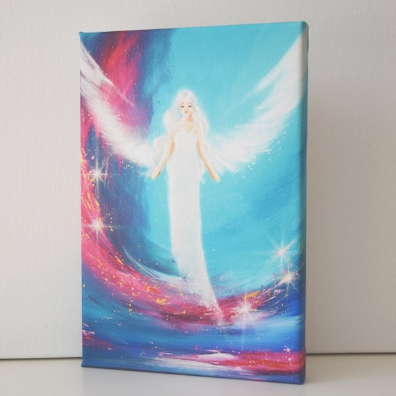 Angel print on canvas streched on wooden frame /"Way in your heart/" 8x12 inches