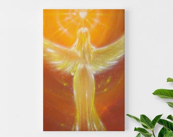 May include: A painting of a glowing angel with wings, standing in a golden light. The angel is surrounded by a halo of light and has a heart in the center of the halo.