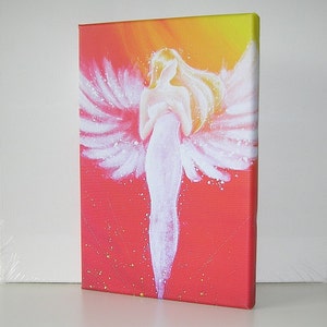 ღ CANVAS ANGEL ART ღ STRETChED On Wooden Frame: &quot;Connected through the  heart&quot; , Canvas Art Abstract, Angel Wings, Wall Decor Guardian Angel