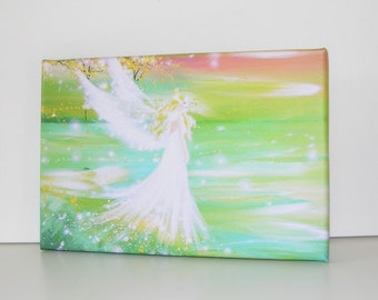 Limited angel art print on canvas streched on wooden frame: "I go everywhere with you" , modern angel painting, artwork,gift,spiritual,magic