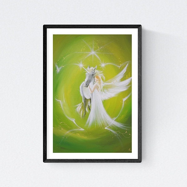 Spiritual Unicorn Art Poster Small "Deep Friendship" Magic Wall Decor, Angel Art Picture, Nice Home Decor, Bedroom above Bed, Living room