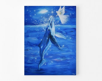 Original Engelbild,Acrylbild in Blau mit Wal "Erste Begegnung" ,Schutzengel auf Leinwand, Handgemalte Kunst Bilder Spirituell Abstrakt