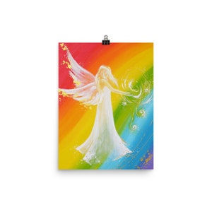 Cartel de ángel con arco iris "Rainbow Energy" Positivo Ángel Mural Feng Shui, Decoración de la pared Flor de loto, Yoga espiritual Sala de decoración de la habitación