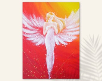 Angel Home Decor,Print on Canvas "Connected through the heart" Spiritual Wall Pictures Paintings. Mom Daugther Gifts, Living Room Painting