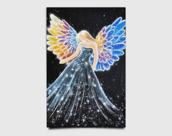 Colorful Modern Design Angel "Protected by the Stars", Spiritual Wall Art Small, Religious Art, Lightworker, Reiki Healing Decoration Ideas