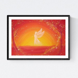 Beterschap cadeau, kunstfoto: "Altijd een licht" Beschermengelgeschenken, spirituele engelkunst. Wanddecoratie in rood geel oranje