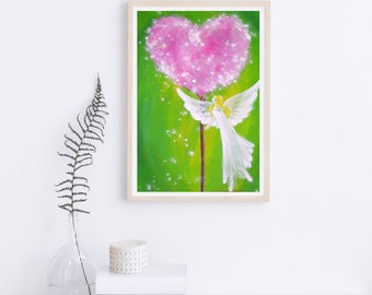 Beschermengelfoto met hart - roze engelposter - muurposter "Touched by love" - engelenkunstfoto om in te lijsten. Bijzonder cadeau-idee