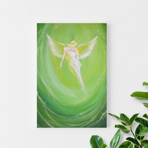 Canvas art angel stretched on wooden frame: &quot;Feeling the angel&quot; , contemporary painting, green artwork
