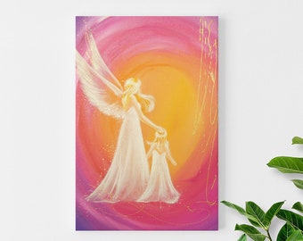 May include: A painting of two angels, one with wings, walking towards a bright light. The background is a swirling mix of pink, orange, and yellow.