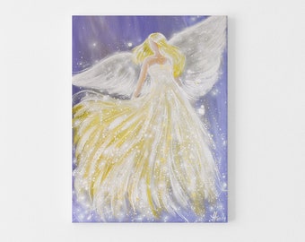 Guardian Angel Painting: "Fulfilled with Light" Handpainted Original-Abstract Acrylic Art Stretched. Spirtual Wall Decor Modern. Lightworker