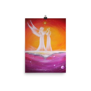May include: Two white angels with wings stand facing each other with their hands clasped together. They are standing on a white surface with a reflection of them in the water below. The water is a vibrant pink with purple and white swirls and sparkles. The background is a bright orange and yellow sunset with a star in the sky.
