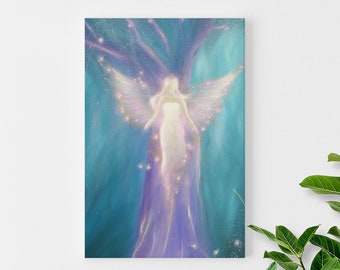 May include: A painting of a glowing angel with wings, standing in a blue and purple ethereal landscape. The angel is surrounded by small white dots, creating a magical and celestial atmosphere.