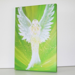Canvas art angel stretched on wooden frame: &quot;Feeling the angels love&quot; , contemporary painting, green artwork