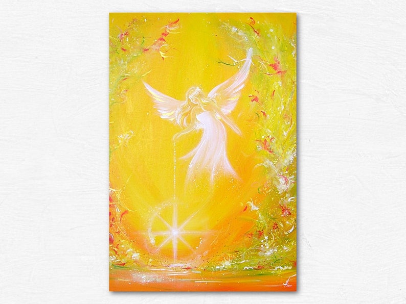 Angel Art Photo I give you light, Guardian Angel Gift Idea also for Christmas. Yoga, Meditation Wall. Above Bed Decor Yellow White Orange image 2