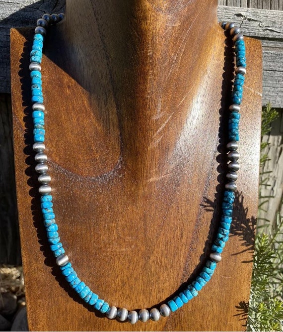 Sterling Silver Turquoise W Navajo Pearls Bead Necklace. 18 Inch