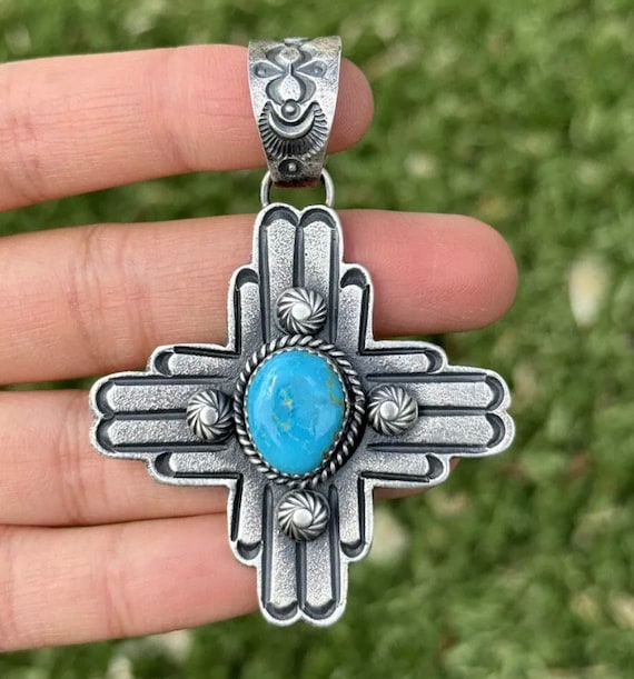Zia Native American Navajo Royston Turquoise Sterling Silver Zia Sun Symbol Necklace Zia Native American Navajo Royston Turquoise Sterling Silver Zia Sun Symbol Necklace