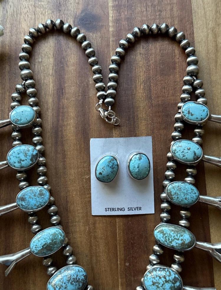 Navajo Sterling Silver White Water Turquoise Squash Blossom Pearls
